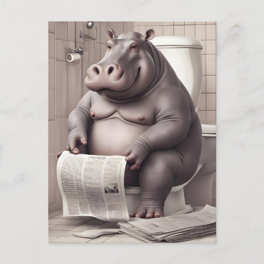 Carte Postale Hippo dans les toilettes Lecture des journaux (Devant)