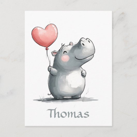 Carte Postale Hippo mignon avec illustration de ballon cardiaque (Devant)