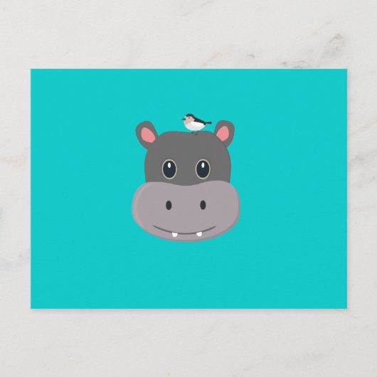 Carte Postale hippo mignon avec oiseau (Devant)