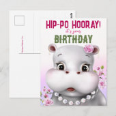 Carte Postale Hippo rose florale fille anniversaire (Devant / Derrière)