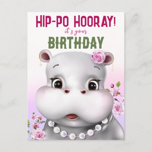 Carte Postale Hippo rose florale fille anniversaire (Devant)