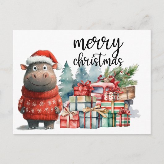Carte Postale Hippo Thème de Noël pour Amoureux des animaux (Devant)