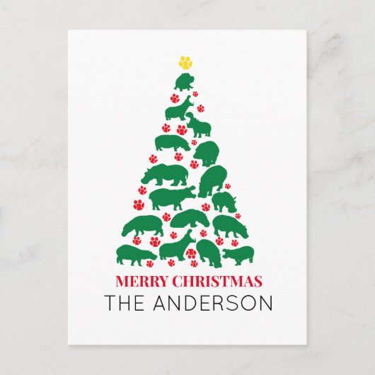 Carte Postale Hippo vert sapin de Noël Paw rouge (Devant)