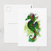 Carte Postale Hippocampe à l'aquarelle verte (Devant / Derrière)