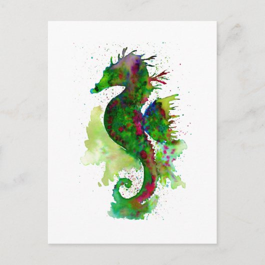 Carte Postale Hippocampe à l'aquarelle verte (Devant)