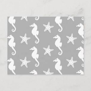 Carte Postale Hippocampe et étoile de mer - blanc sur gris argen