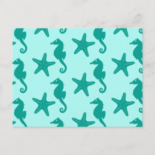 Carte Postale Hippocampe et poisson étoile - turquoise et aqua
