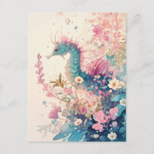 Carte Postale Hippocampe sarcelle fantaisiste et Fleur rose
