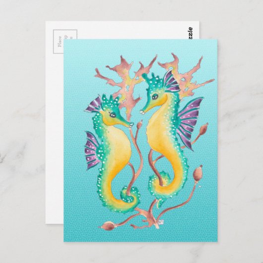 Carte Postale hippocampes Vitrail turquoise (Devant / Derrière)