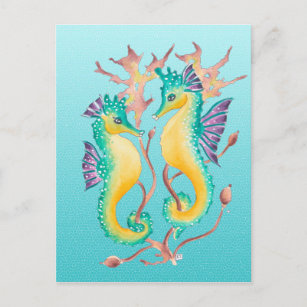 Carte Postale hippocampes Vitrail turquoise