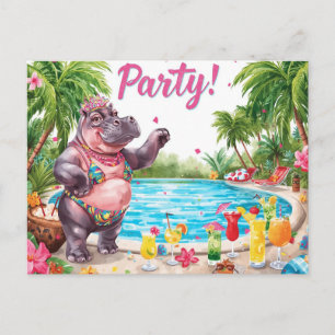 Carte Postale Hippopotame à la fête au bord de la piscine sur la