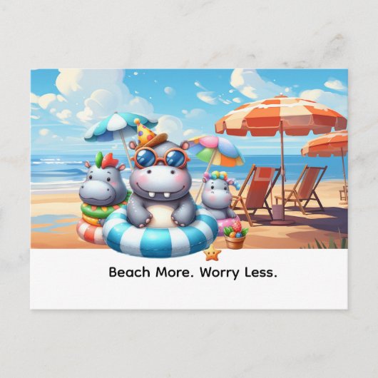 Carte Postale Hippopotame à la plage (Devant)