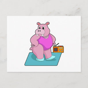 Carte Postale Hippopotame à la salle de sport avec la radio.PNG