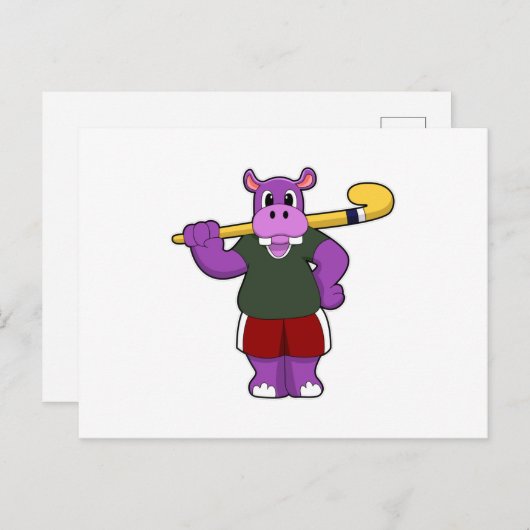 Carte Postale Hippopotame au hockey avec une batte de hockey (Devant / Derrière)