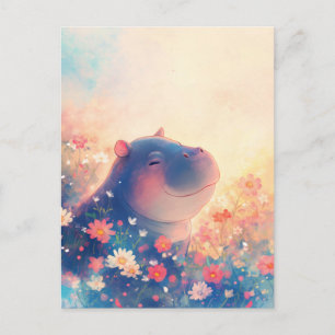 Carte Postale Hippopotame bleu souriant dans une prairie de fleu