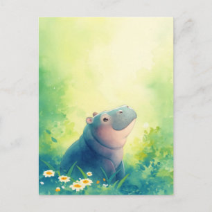 Carte Postale Hippopotame Bleu Sourire dans Prairie de Fleur de