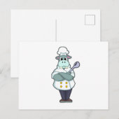 Carte Postale Hippopotame cuisinier avec cuillère en bois et tab (Devant / Derrière)