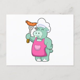 Carte Postale Hippopotame cuisinier avec saucisse