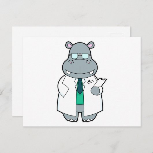 Carte Postale Hippopotame en médecin avec blouse (Devant / Derrière)