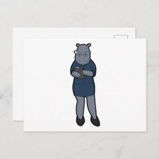 Carte Postale Hippopotame en secrétaire avec bloc-notes et stylo (Devant / Derrière)