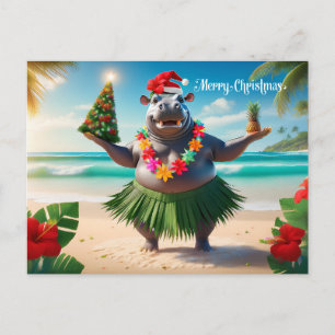 Carte Postale Hippopotame Hawaïen Noël Thème pour Surfeur 