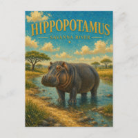 Hippopotame Savane Rivière Aquarelle GeoSaga
