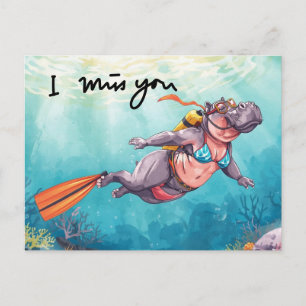 Carte Postale Hippopotame Scaphandre sous l'eau Tu me manques