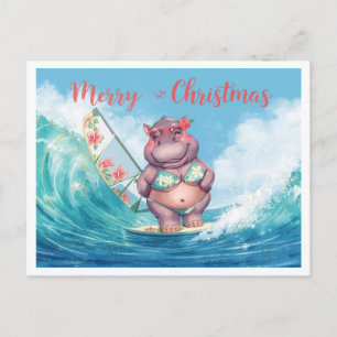 Carte Postale Hippopotame surfeur sur planche de surf pendant le