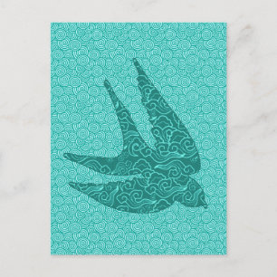 Carte Postale hirondelle japonaise en vol, Turquoise et Aqua