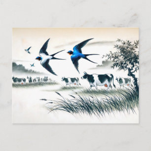 Carte Postale Hirondelles volant au-dessus d'un champ de bétail