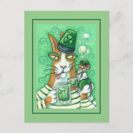 CARTE POSTALE HISS N'FITZ CHAT & RAT, CHEERS TO GREEN BEER FUNNY (Devant)