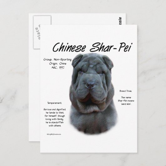 Carte Postale Histoire du Shar Pei en Chine Bleue, Sharpei, Shar (Devant / Derrière)