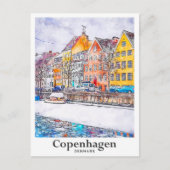 Carte Postale Hiver Copenhague Danemark Aquarelle Main tirée (Devant)
