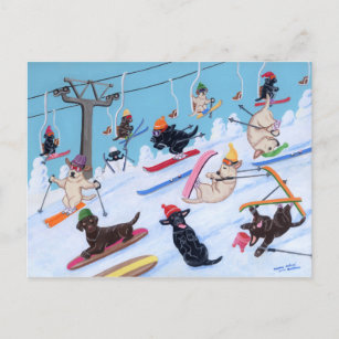 Carte Postale Hiver Fun Ski Labradors Peinture