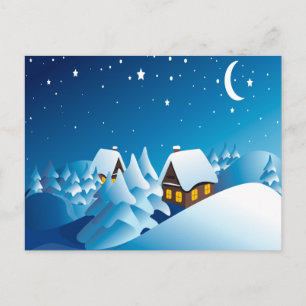 Carte Postale Hiver, Maison, Nuit, Lune et Étoiles