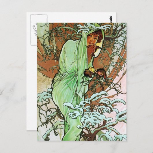 Carte Postale Hiver, Mucha (Devant / Derrière)