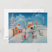 Carte Postale hiver neige scène moutons folk art (Devant / Derrière)