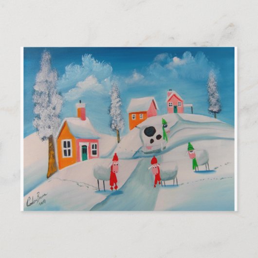 Carte Postale hiver neige scène moutons folk art (Devant)