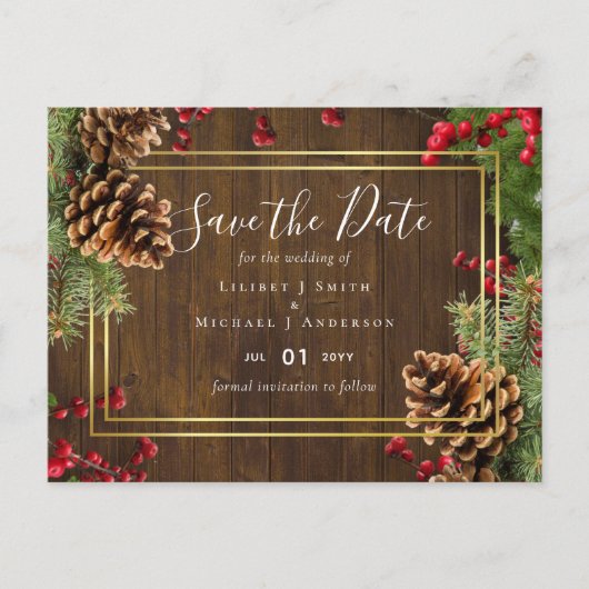 Carte Postale Hiver Red Berries Pine Cones Mariage (Devant)