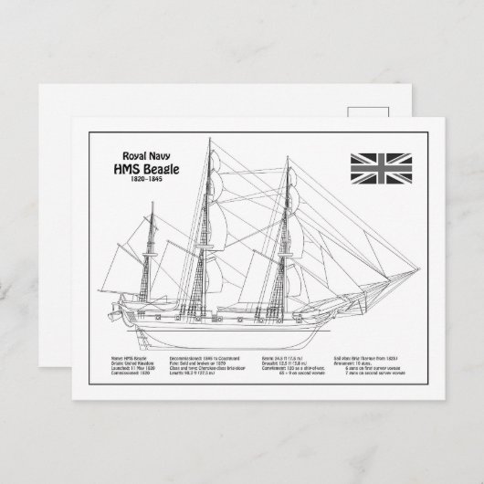 Carte Postale HMS Beagle Tall Ship - Plan d'expédition BD (Devant / Derrière)