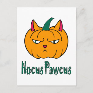 Carte Postale Hocus pawcus citrouille d'Halloween chat roux magi