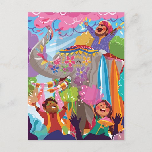 Carte Postale Holi Hai Peint Elephant dans la foule (Devant)