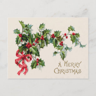 Carte Postale Holly Winterberry Ruban Rouge
