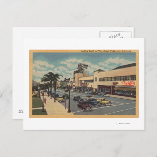 Carte Postale Hollywood, CA Vue vers le sud sur Vine Street (Devant / Derrière)