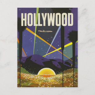 Carte Postale Hollywood, lumières réflecteurs la nuit, vintage