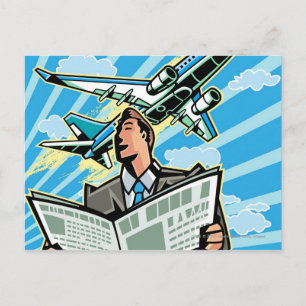 Carte Postale Homme d'affaires avec journal et avion ci-dessus