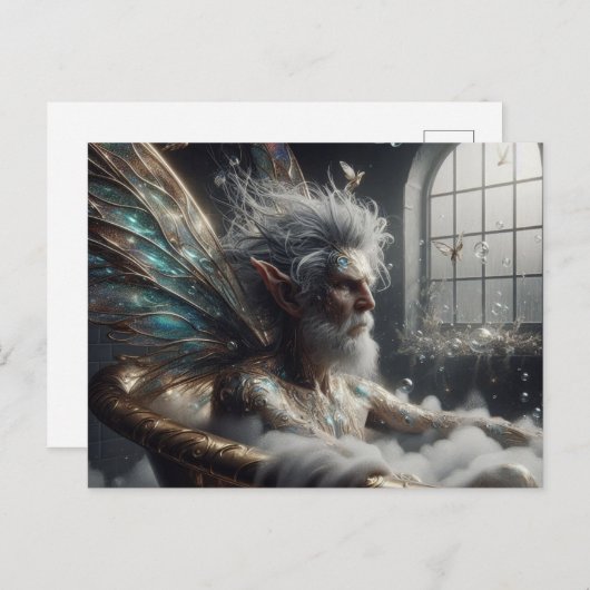 Carte Postale Homme fée âgé aux cheveux gris dans la baignoire e (Devant / Derrière)