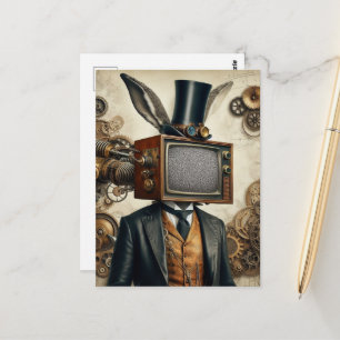 Carte Postale Homme Lapin Steampunk Avec Une Tête De Télévision 