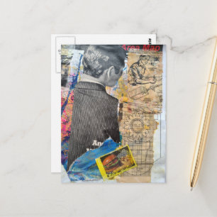 Carte Postale Homme rétro travaillant Collage de médias mixtes