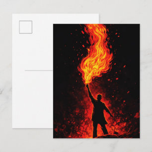 Carte Postale Homme tenant une torche à feu massive silhouette d